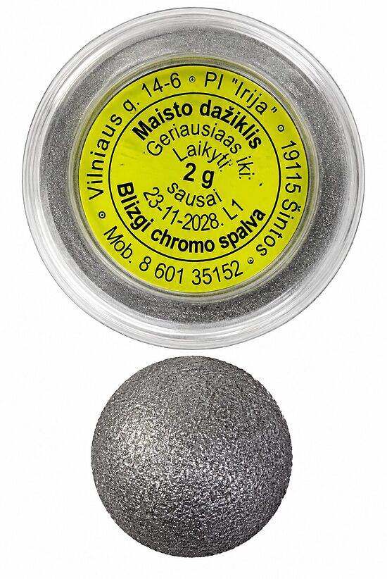 Sausi maistiniai dažai - Kandurinas  blizgi chromo spalva 2g.