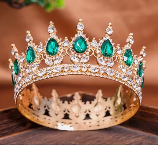 Karūna auksinės spalvos su žaliais kristalais 8cm