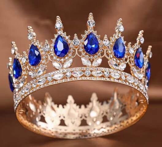 Karūna auksinės spalvos su tamsiai mėlynais kristalais 8cm