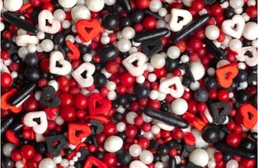 Cukriniai papuošimai - Širdelių (raudona/balta/juoda) mix 30g.