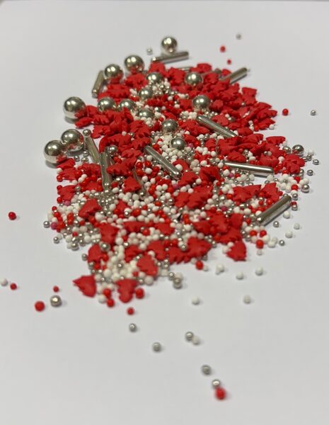 Cukriniai papuošimai - Raudona eglė/sidabras 30g.